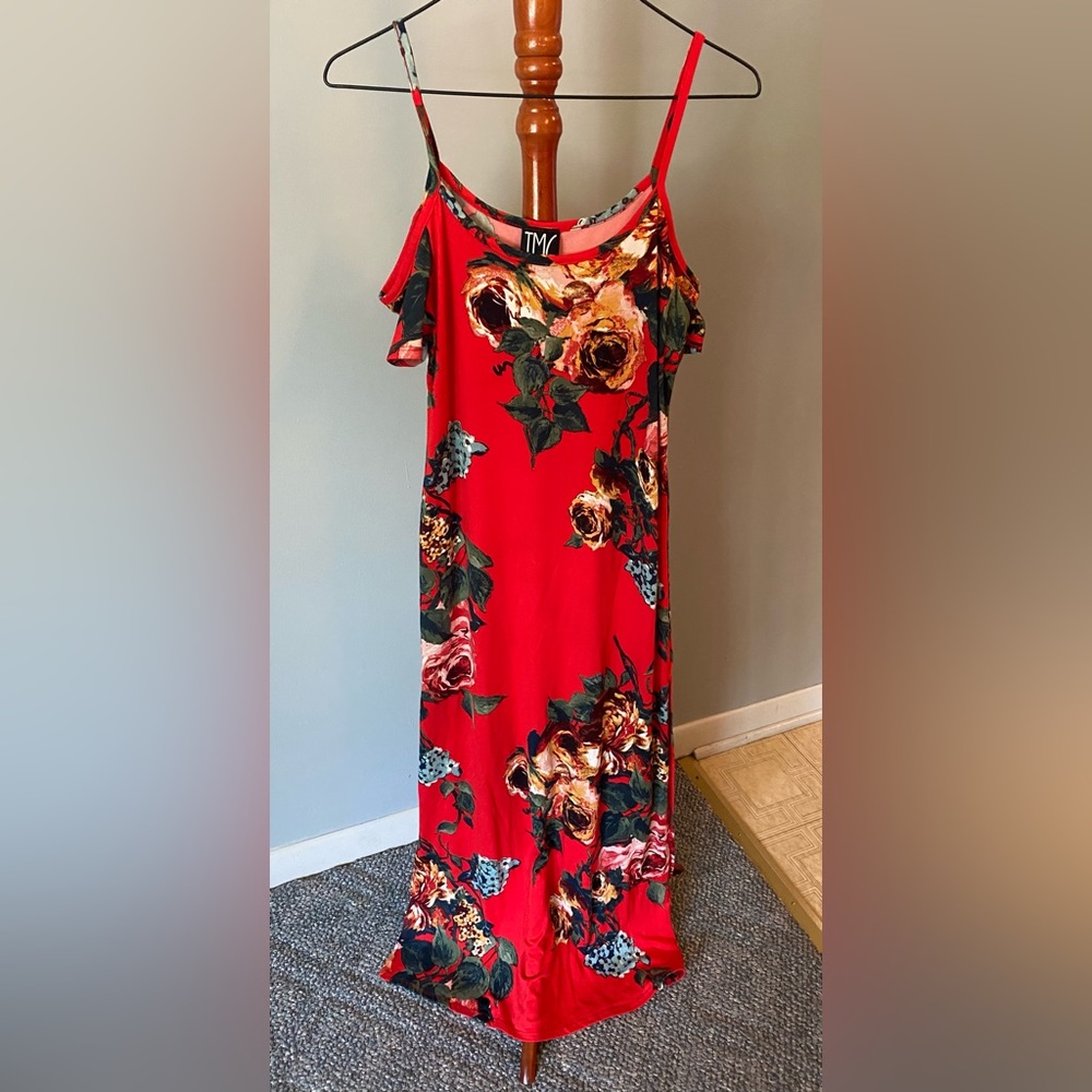 Floral red maxi body con dress
